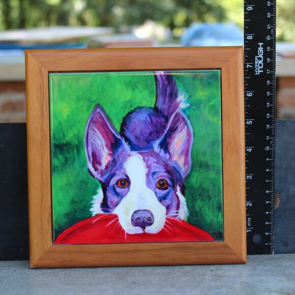 Hand Painted Black and white cattle dog Framed Art Tile 7.5" x 7.5" Framed - Picture 5 of 5
